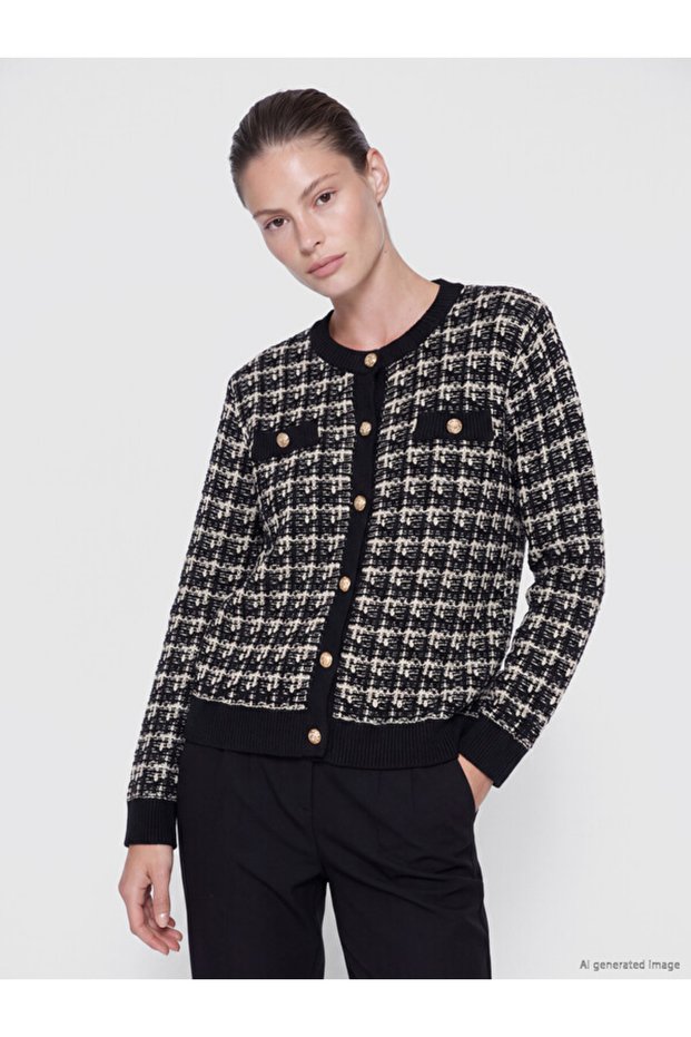 Esvab • Modern & Distinctive Zero Roba Collar Checkered Embroidered Women's Knitwear Cardigan