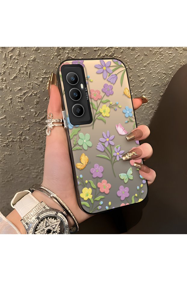 Realme C65 4g Compatible Colorful Flower and Butterfly Case, Shock Absorbing Structure, Matte Texture