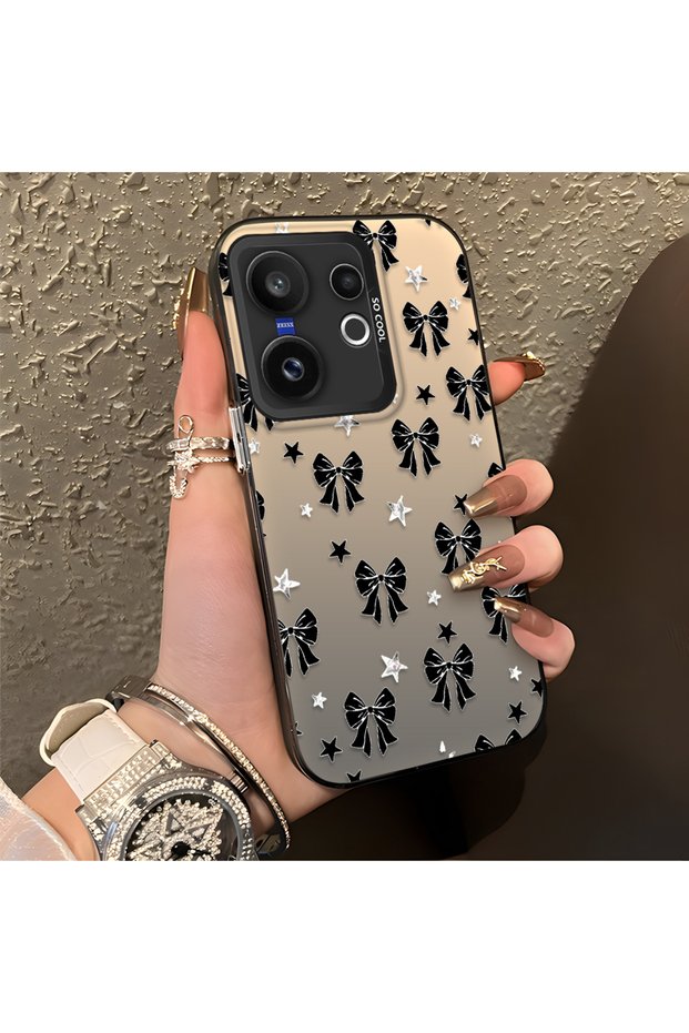 Vivo X200 Fe Compatible Stylish Black Bow Full Print Case, Anti-Slip Edge, Anti-Fingerprint