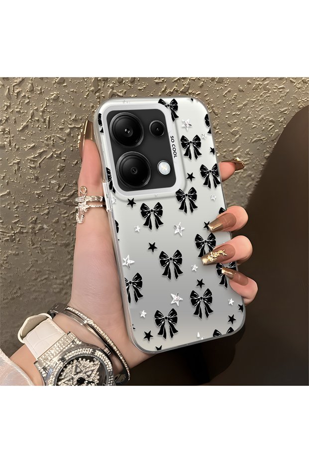 Redmi Note 14S Compatible Stylish Black Bow Full Print Case, Non-Slip Edge, Anti-Fingerprint