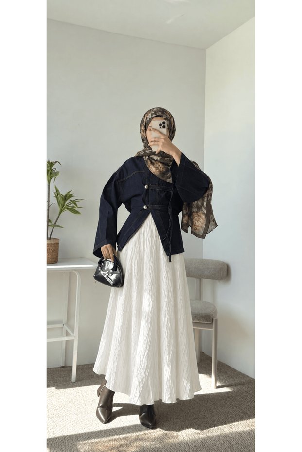 V-Neck Buttoned Denim Jacket - 27103 - Navy Blue
