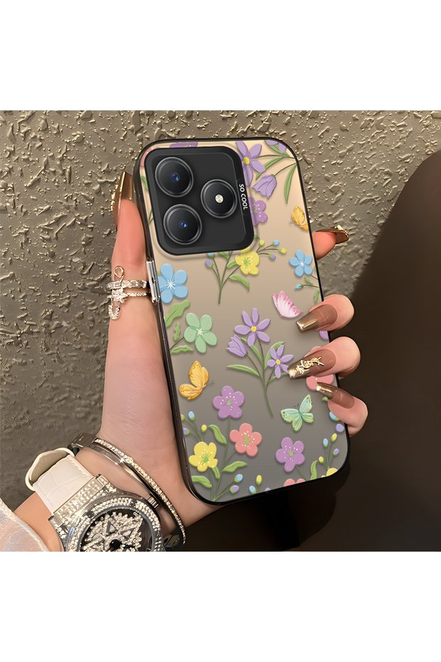 Realme C63 4G/C61 Compatible Colorful Flower and Butterfly Case, Shock Absorbing Structure, Matte Texture