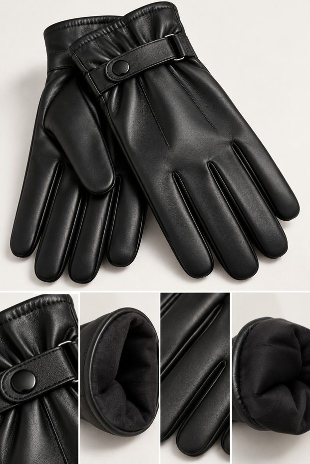 Black Faux Leather Gloves with Wool Inside Winter Gloves with Adjustable Wrist and Buttons