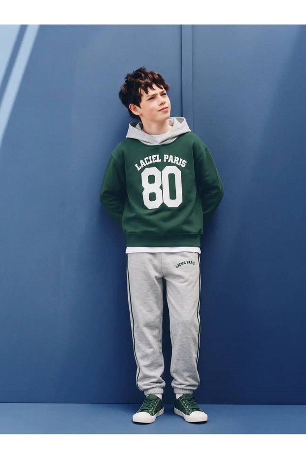 Unisex Kids Hooded 80 Printed Sweatshirt and Jogger Bottom Top 2-Piece Tracksuit Set Green Gray