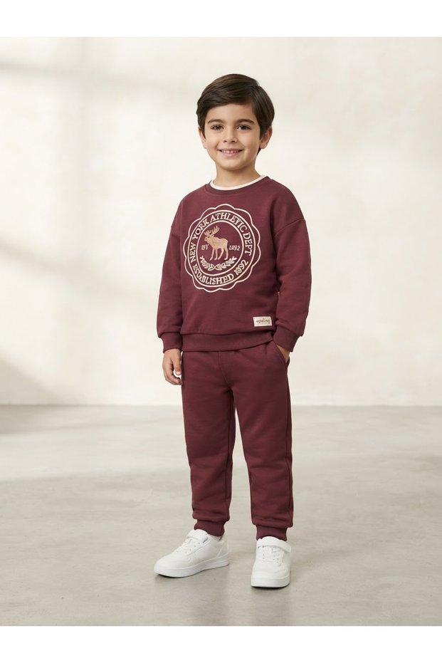 Boy's 2-Strand Ribboned Deer Patterned Claret Red Suit