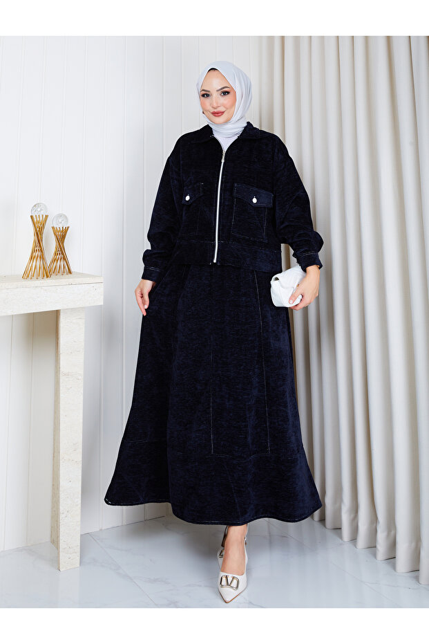 Women's Tesettür Velvet Skirt Suit with Pockets