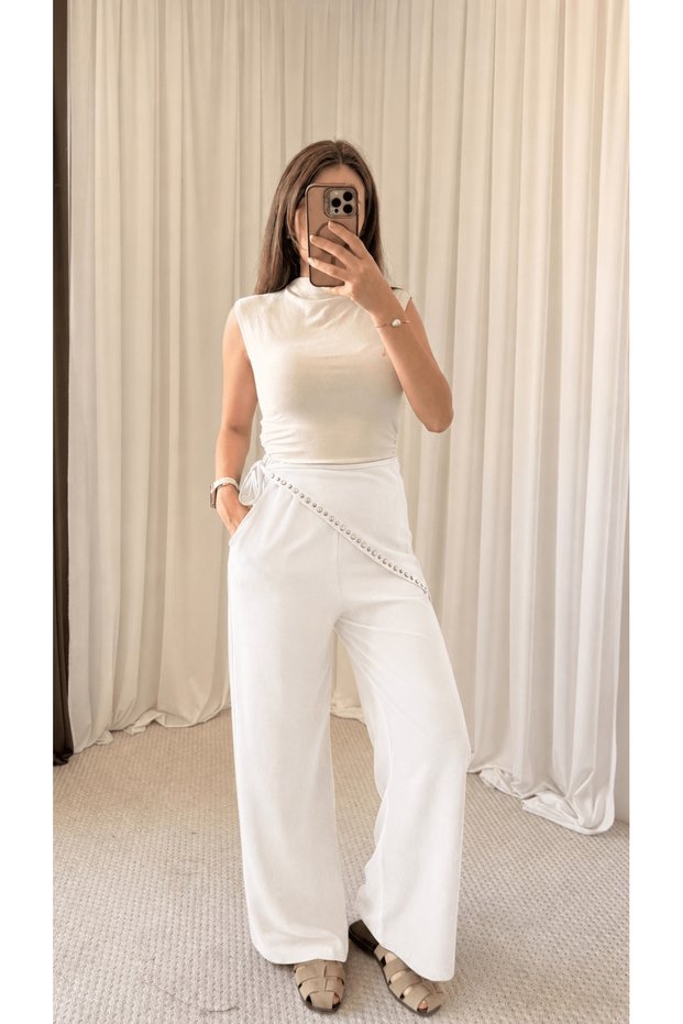 Foulard Detailed Pocketed Wide Leg Trousers - Ecru