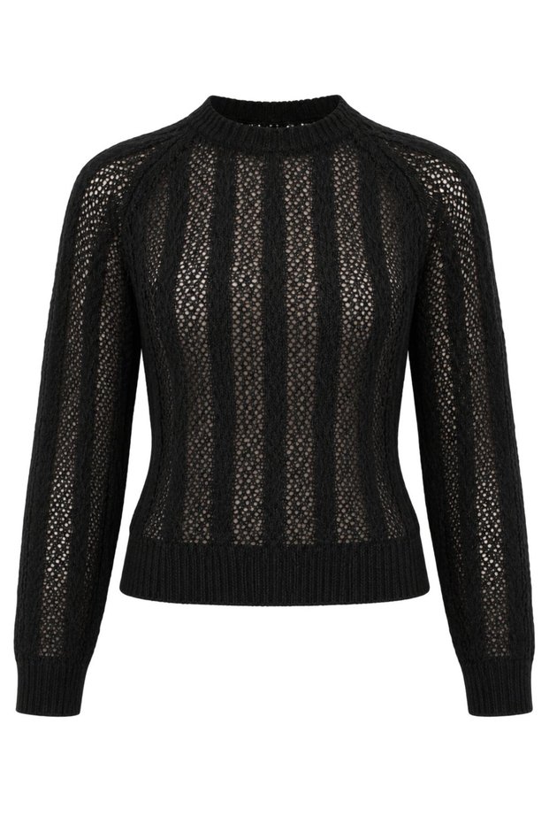 Black Crew Neck Openwork Knitwear Blouse - 2Y4413