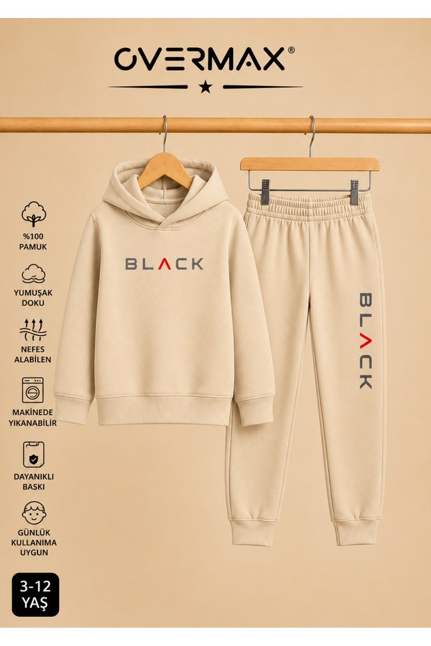 Children's Hooded Black Printed Tracksuit Set – Ages 3-12