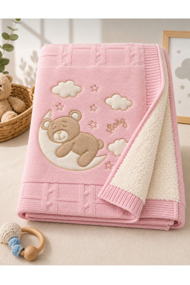 Soft Teddy Bear Embroidered 90X90 Welsoft Knitwear Baby Blanket