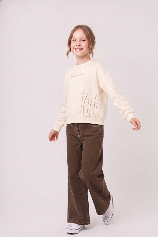 Girl's 8-14 Years Old Pearl Detailed Sweatshirt Cream