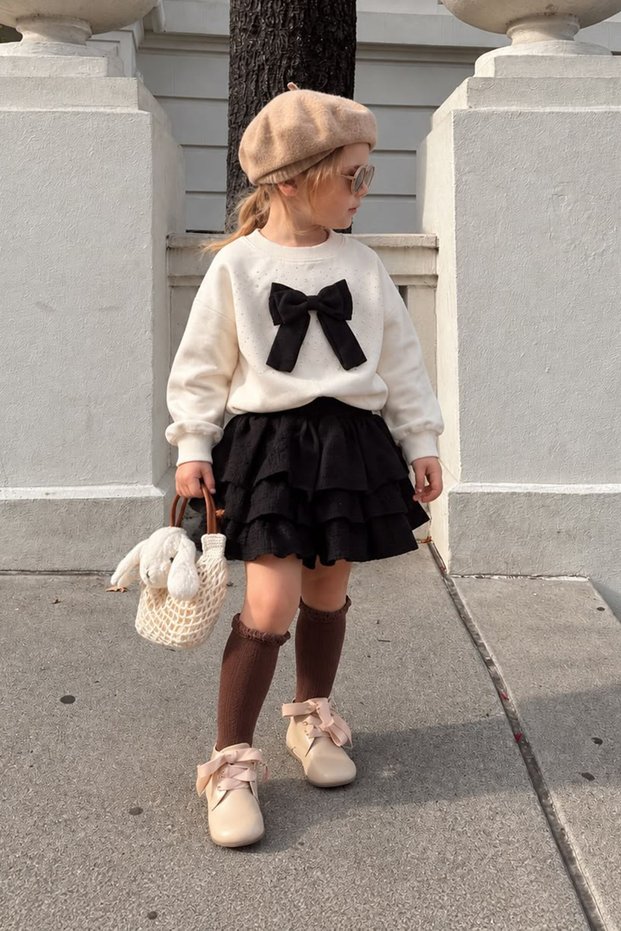 Ruffle Skirt and Bow Stone Detailed Girls' Two-Piece Set - Black
