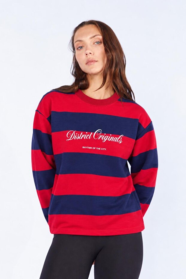Women's Navy Blue Crew Neck Discrit Originals Letter Printed Thick Striped Sweatshirt