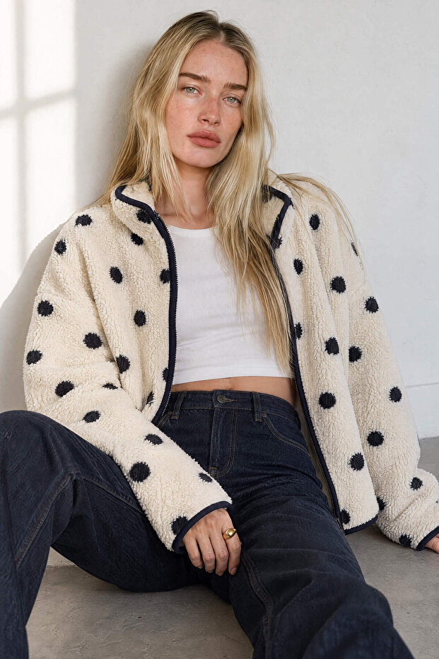 Ecru Navy Blue Polka Dot Zippered Oversize Plush Sweatshirt