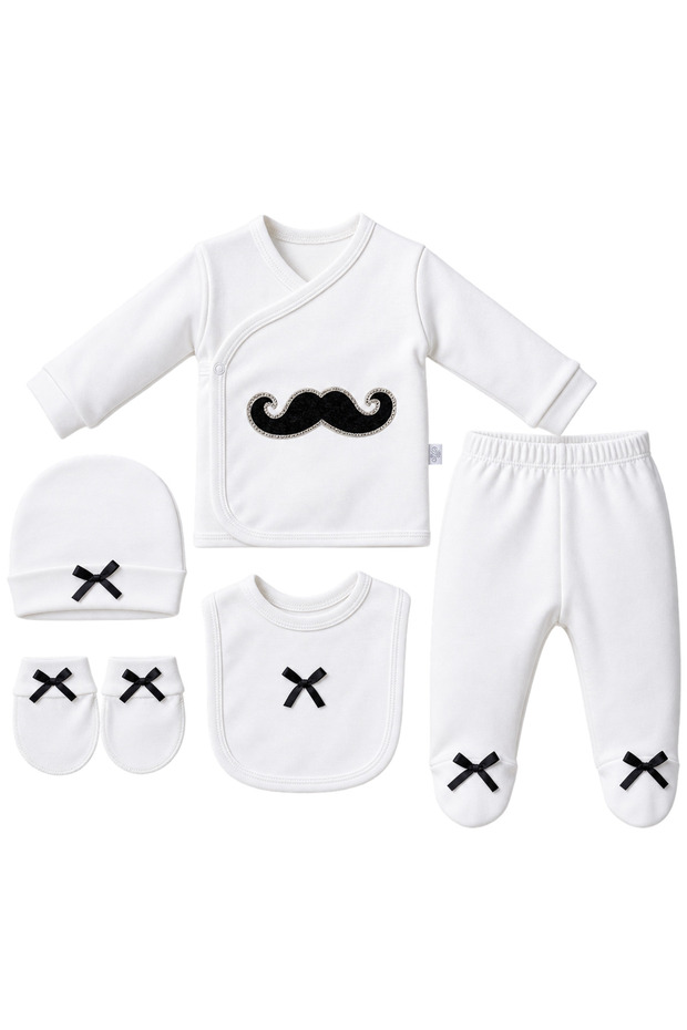 Baby Boy 5 Piece Newborn Hospital Discharge Set Mustache Patterned 100% Cotton 0-3 Months