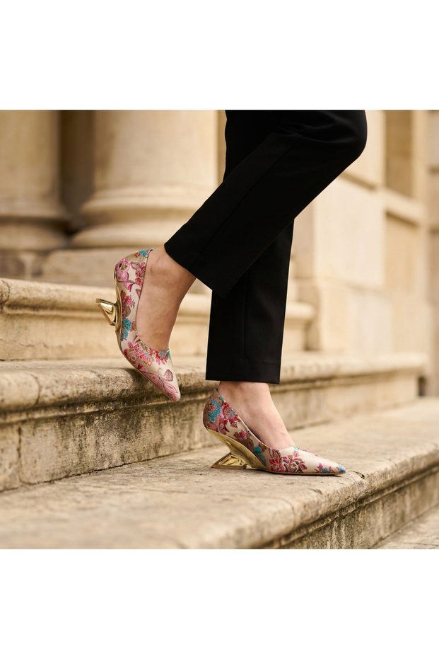 Valley Ethnic Pattern Closed Back Gold Galvanized Feta Heeled Shoes