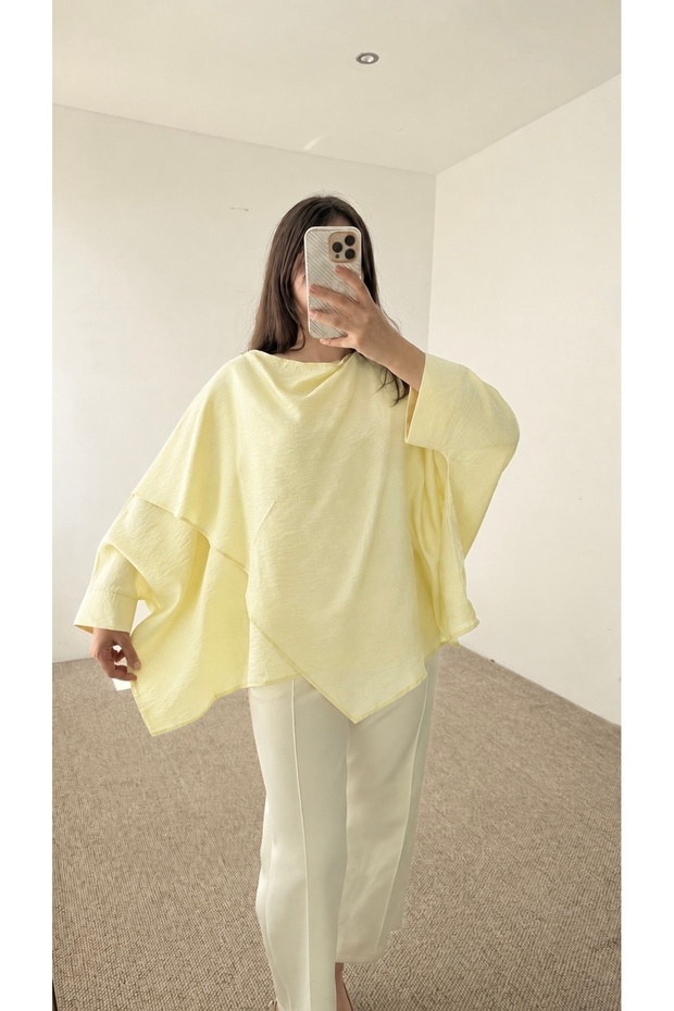 Asymmetrical Cut Blouse with Shawl Detail - Pck - 6189 - Yellow