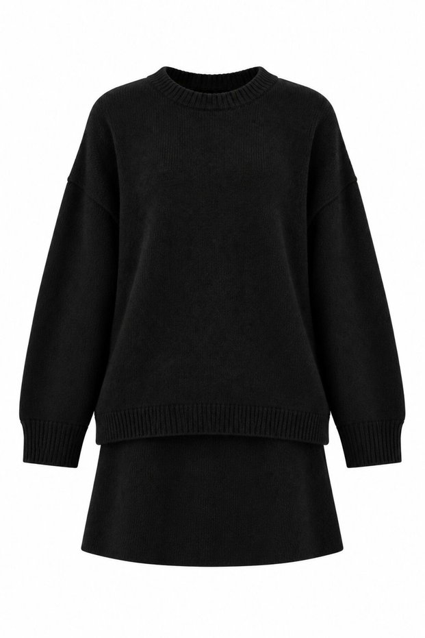 Black Crew Neck Knitted Skirt Set - 2Y609050