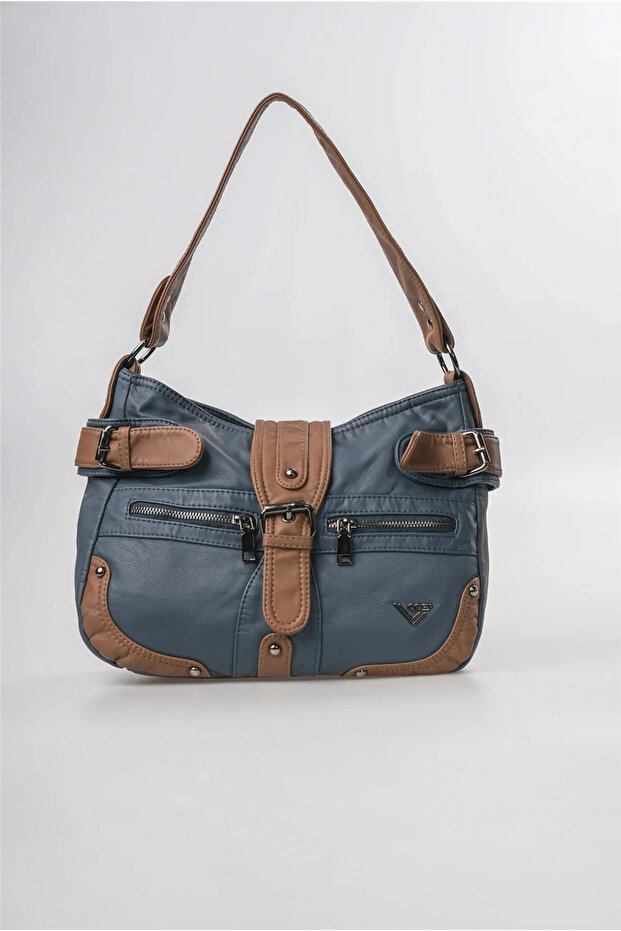 Women's Washed Leather Shoulder Bag Large Size Multi-Compartment Zippered Hand and Shoulder Bag Blue 18128