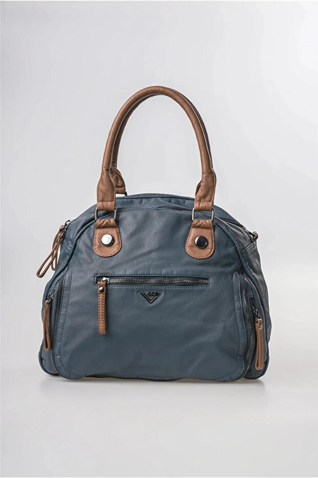 Women's Washed Leather Shoulder Bag Large Size Multi-Compartment Zippered Hand and Shoulder Bag Blue 18125