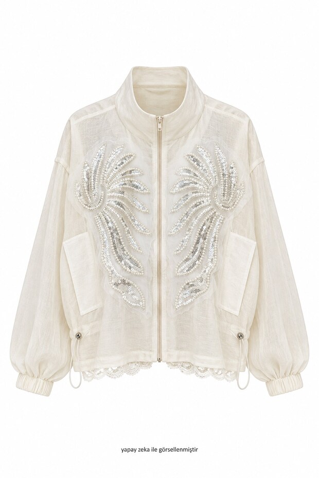Front Sequin Embroidered Jacket Cream