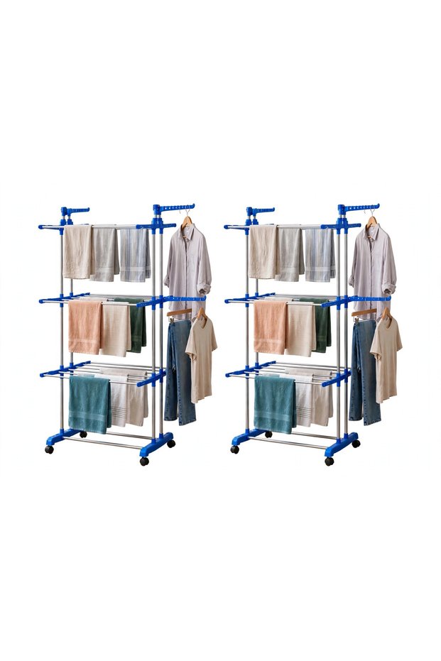 Pack of 2 - 3 Tier Foldable Clothes Drying Rack - Heavy Duty Laundry Clothes Horse with 360° Wheels - Stainless Steel Garment Rack for Indoor Outdoor