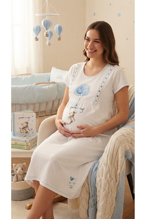 Rm 15798 Ecru Blue Maternity Nightgown with Balloons and Teddy Bear