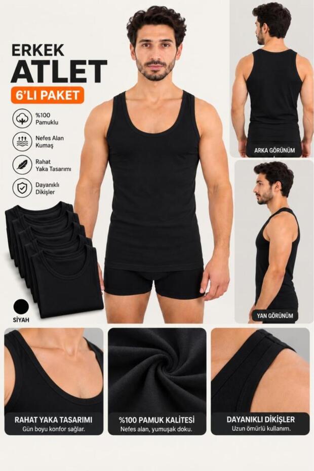 Men's Black Undershirts 6-Pack 100% Cotton Men's Classic Cut Comfortable Daily Underwear Special Boxed