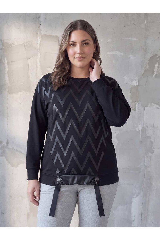 Women's Plus Size Blouse Long Sleeve Crew Neck Zigzag Printed Ring Detail Black