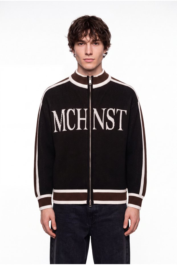 Men's Mchnst Written Sleeve Striped Zippered Knitwear Black