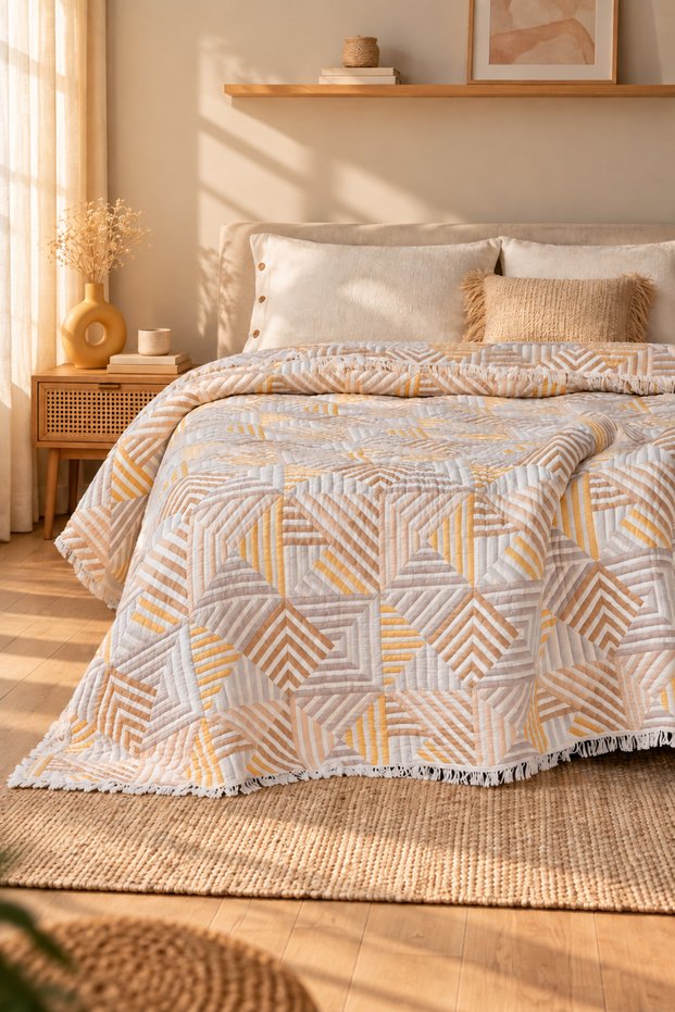 Geometric 100% Cotton Ply Muslin Bedspread Piqué , Premium Tasseled Reversible 220X240 Dowry Blanket