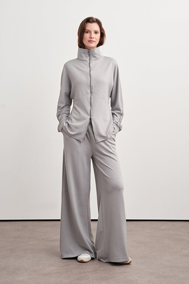 Women's Waist-Fitted Zippered Sweat Pants Set Pastel Gray