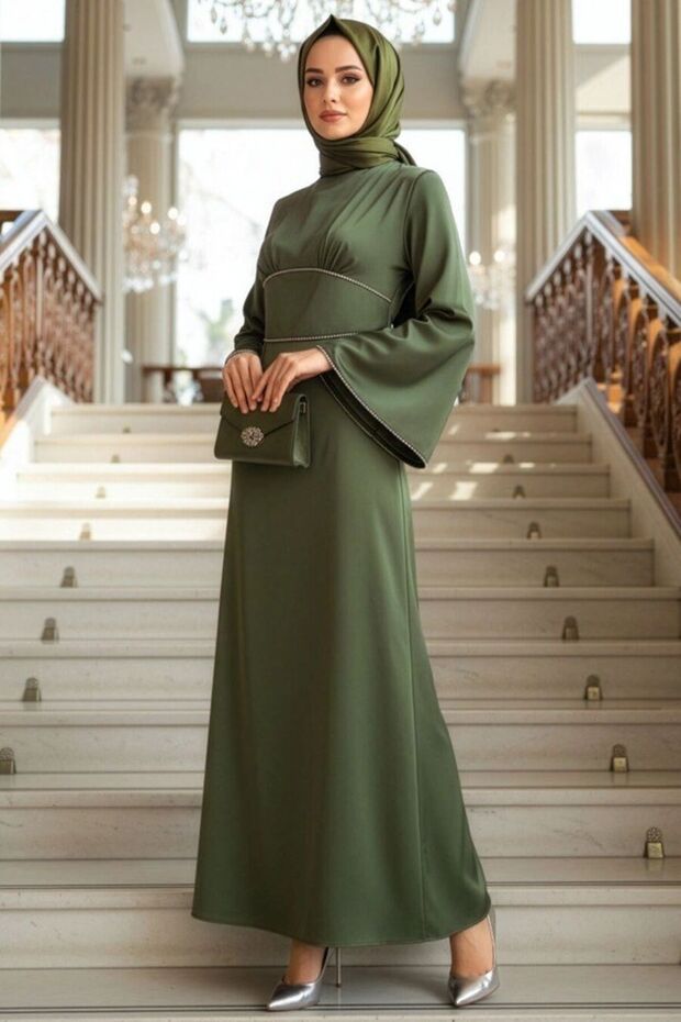 Satin Khaki Hijab Evening Dress 61592Hk