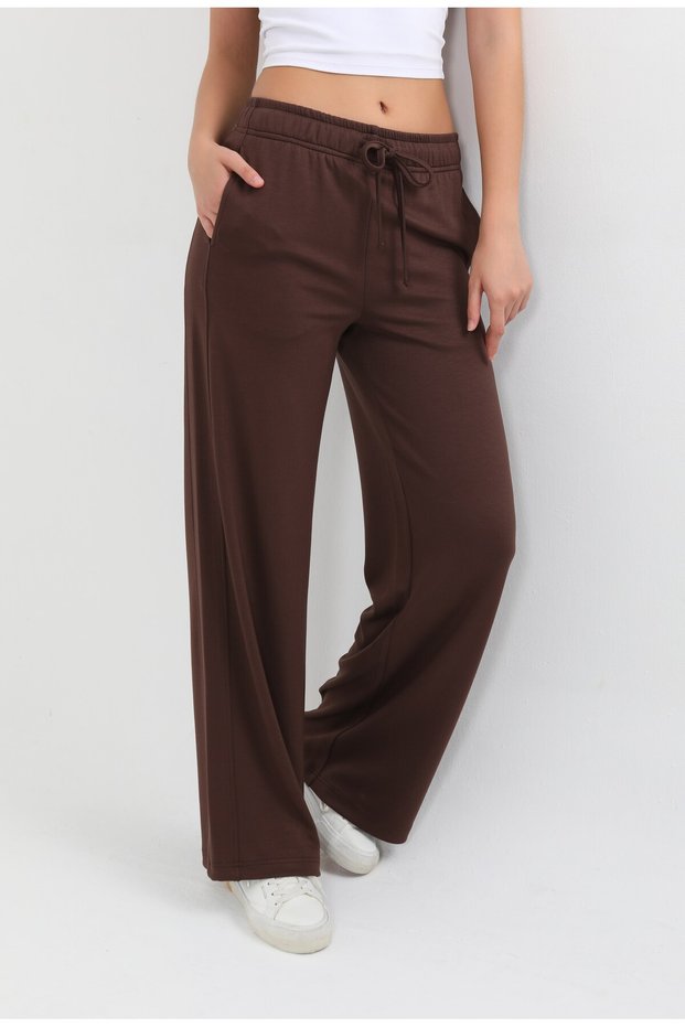 Women's Brown Elastic Waist Wide Leg Pants with Pockets - H6176