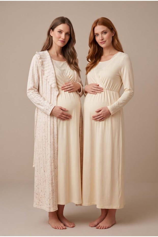 Women's Beige Shawl Collar Lace-Up Maternity Nightgown Set with Easy Breastfeeding Dressing Gown