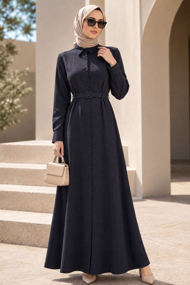 Buttoned Navy Blue Strawberry Fabric Hijab Ferace 30389L