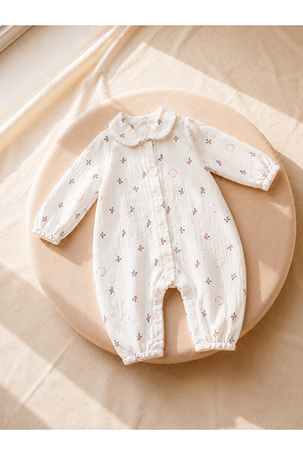 Gots Certified 100% Cotton Muslin Floral Patterned Natural Breathable Baby Girl Romper