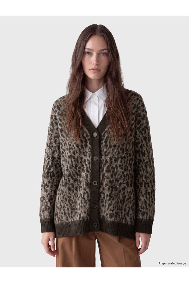 Alita City Lcw Modest Brown Knitwear Leopard Midi Women's Cardigan with a Difference