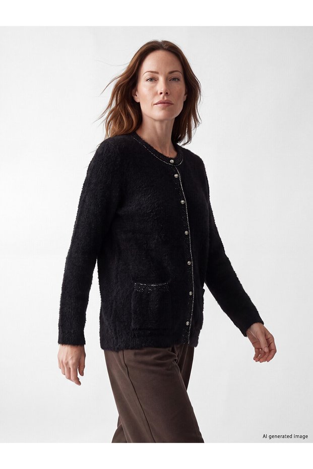 Ozmarka New Season Black Crew Neck Women's Knitwear Cardigan