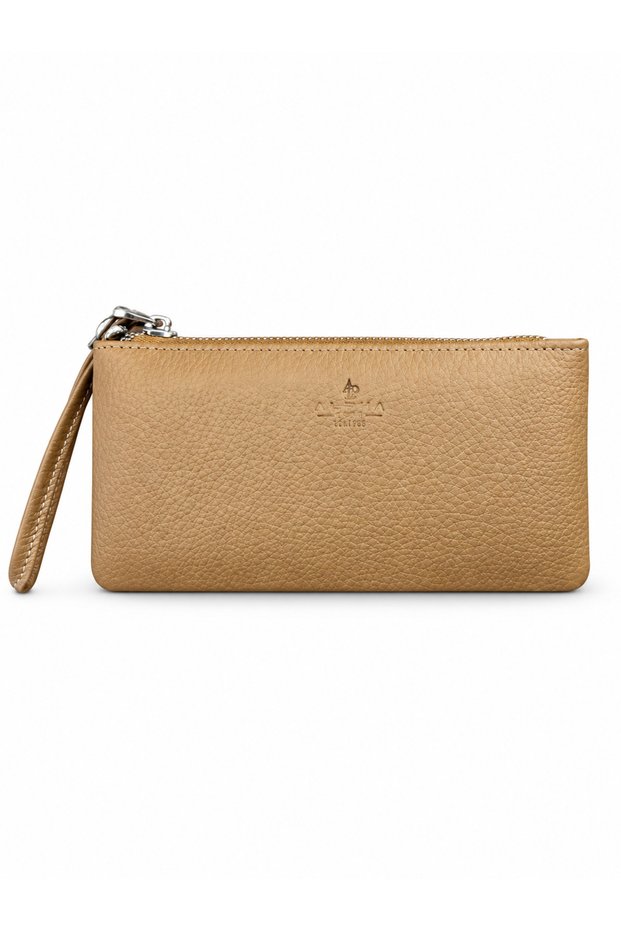 Genuine Leather Multi-Compartment Zippered Unisex Wallet with Wrist Strap - Brown