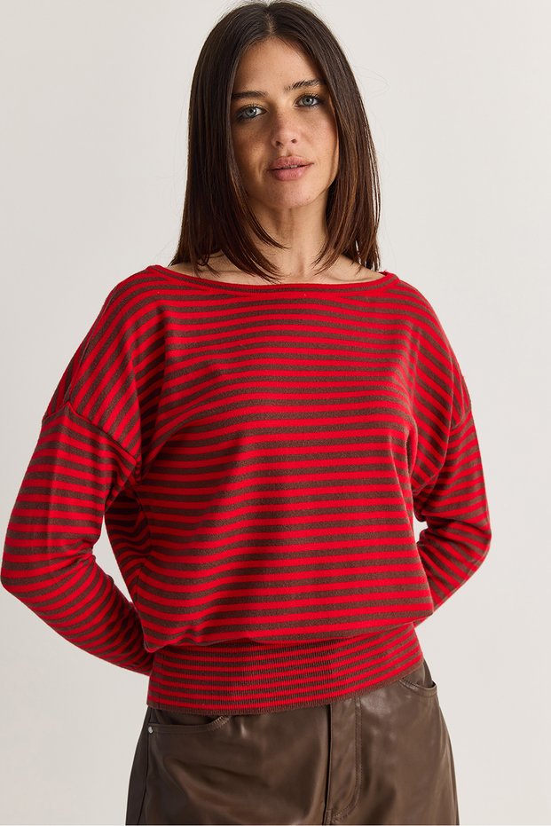 Women's Brown-Red Cashmere Textured Waist-Hugging Striped Boat Neck Oversize Knitwear Sweater Tk251184 60286615
