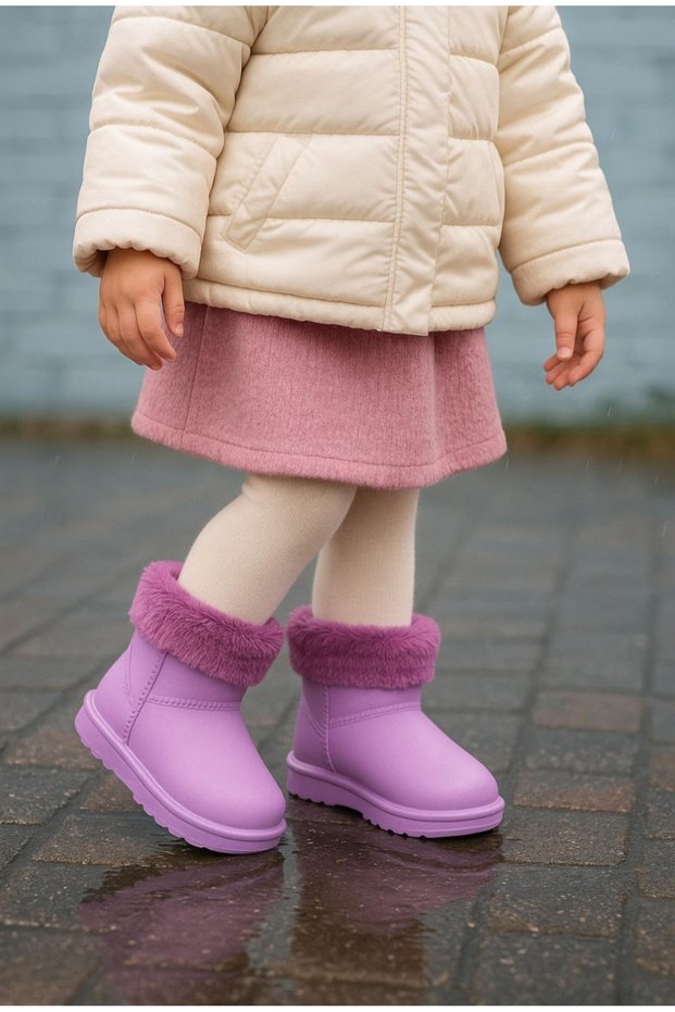 Girls' Extra Lightweight Flexible and Soft Purple Rain Boots with Fur Inside