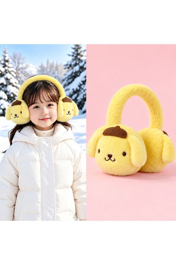 Cute Dog Pompompurin Yellow Young Girls' Plush Earmuff Cat Furry Bowknot Winter Ear Warmer Hat Cold-Proof