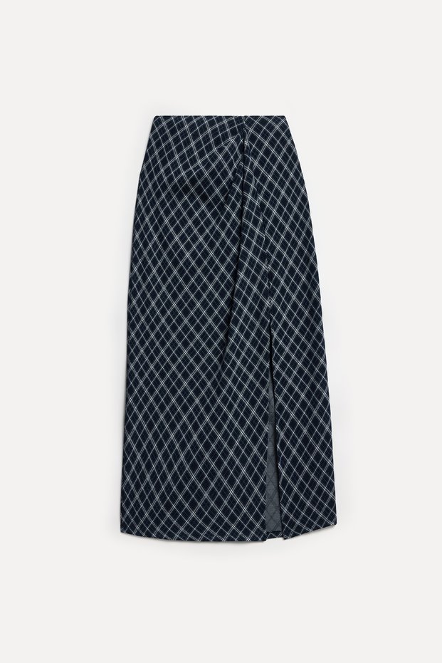 Women's Navy Blue Plaid Slit Midi Skirt
