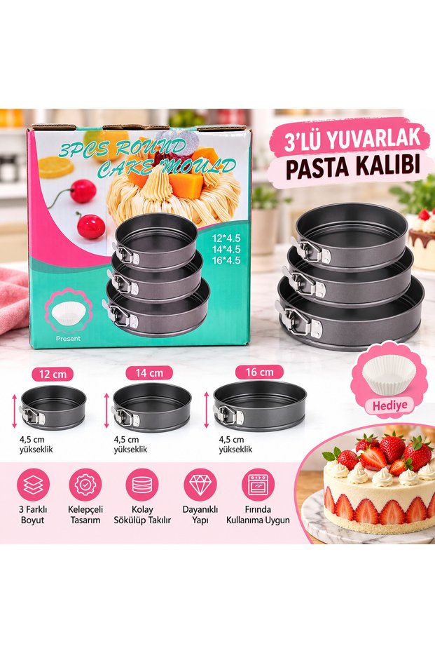 Set of 3 Round Mini Cake and Pastry Molds with Clamps – 12 / 14 / 16 cm