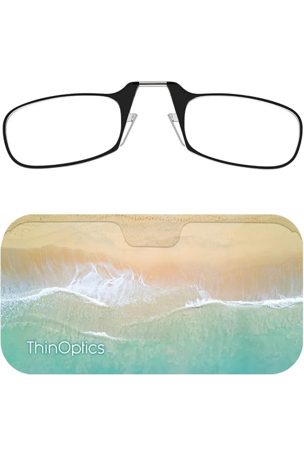 نظارات القراءة المستطيلة ThinOptics Universal Pod، إطارات زرقاء/حافظة سوداء، 1 ×