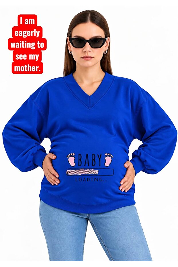 3 Yarn Combed Cotton Baby Loadi̇ng Printed Pregnant V-Neck Sweatshirt Jr2
