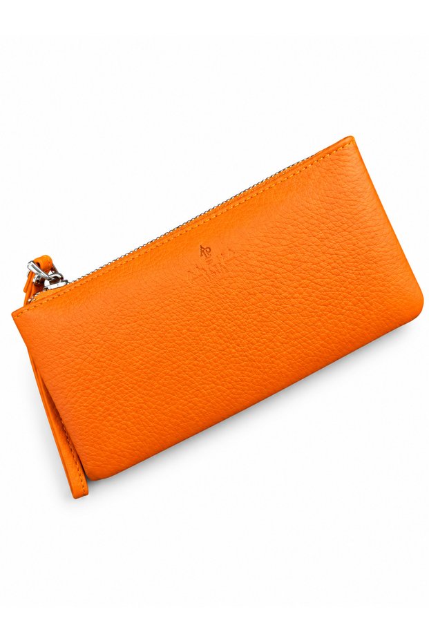 Genuine Leather Multi-Compartment Zippered Unisex Wallet with Wrist Strap Orange