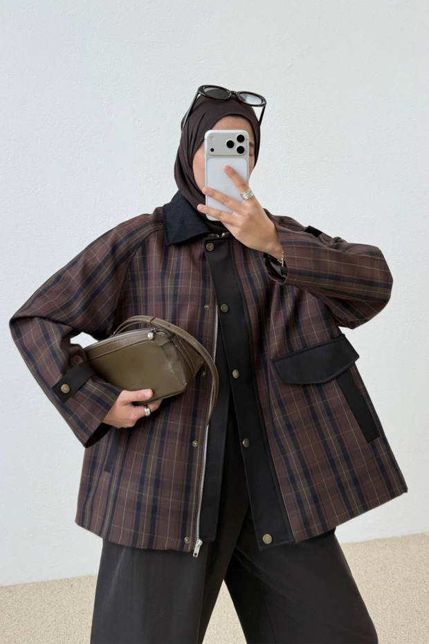 Luna Zr Oversized Plaid Jacket Coat Suitable for Modest Dress Models