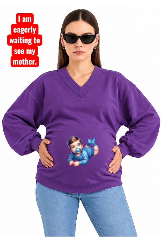3 Yarn Combed Cotton Printed Pregnant Women's V-Neck Sweatshirt Jr5